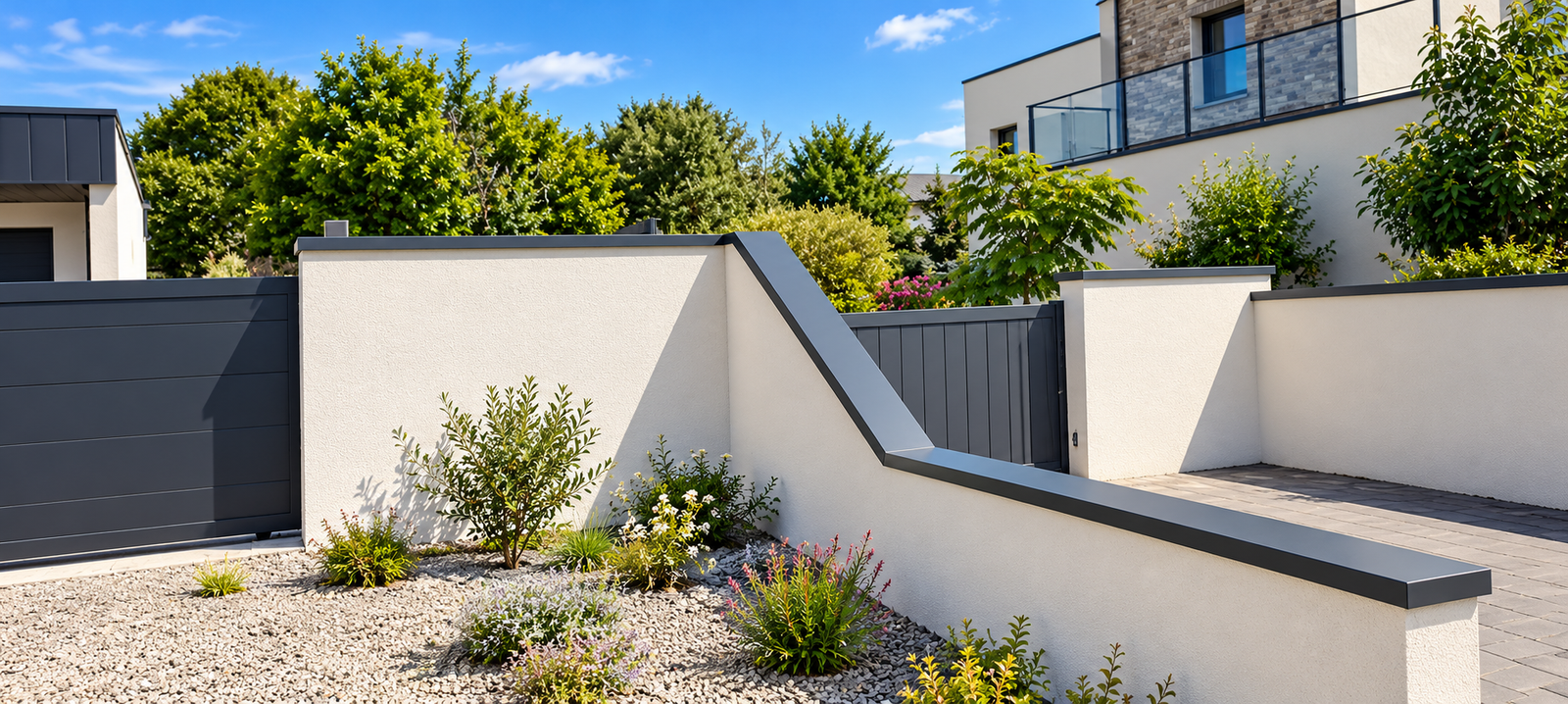 Cour contemporaine avec couvertines aluminium sur les murets