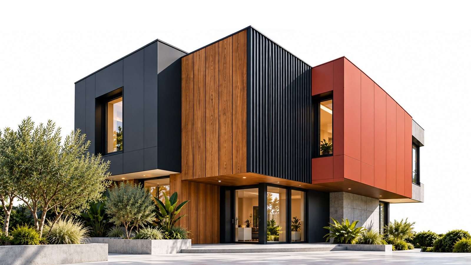 Maison contemporaine présentant différentes finitions de bardage aluminium